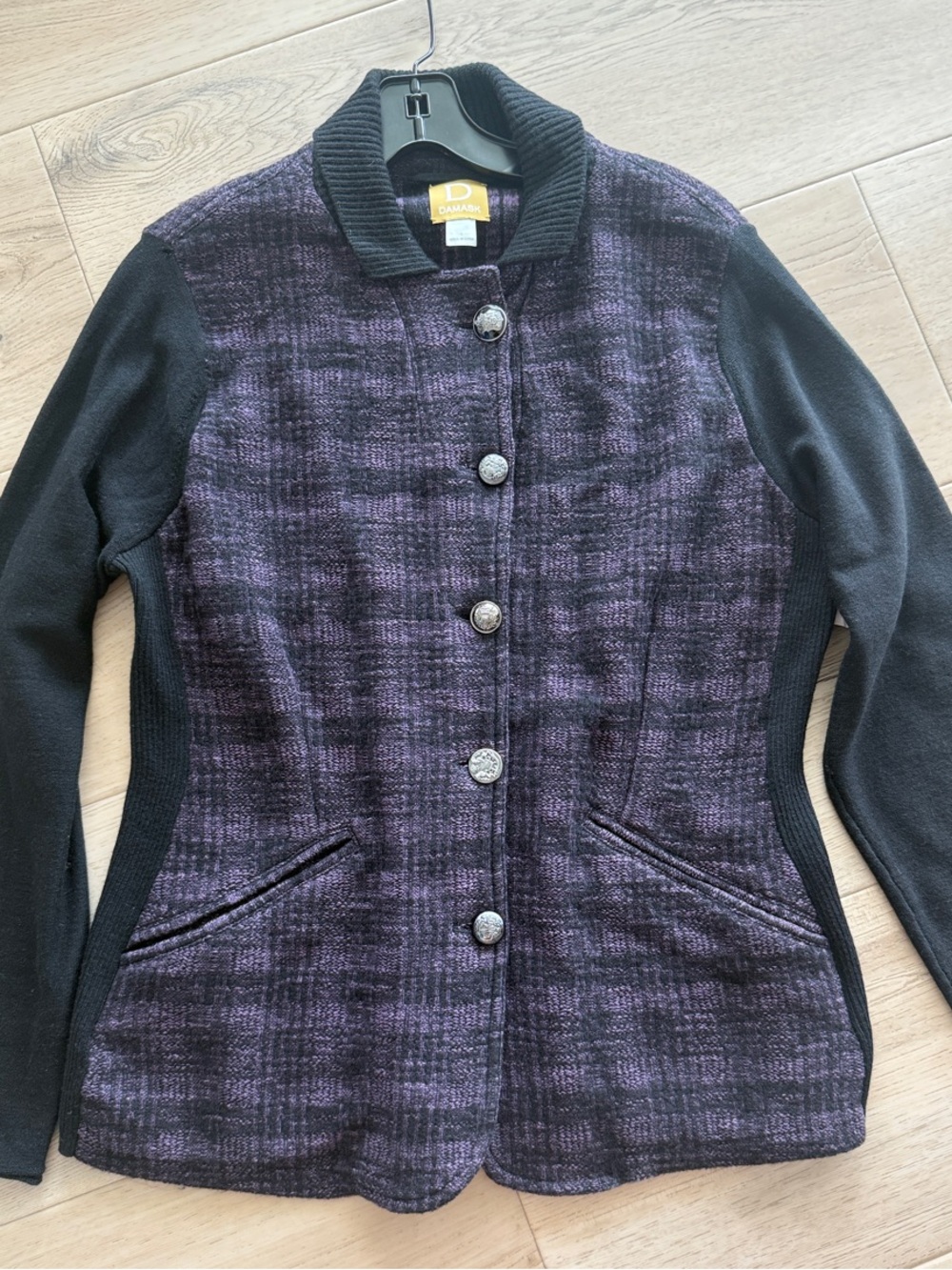 Damask Women's Boutique Purple & Black Button-Front Knit-Panel Jacket